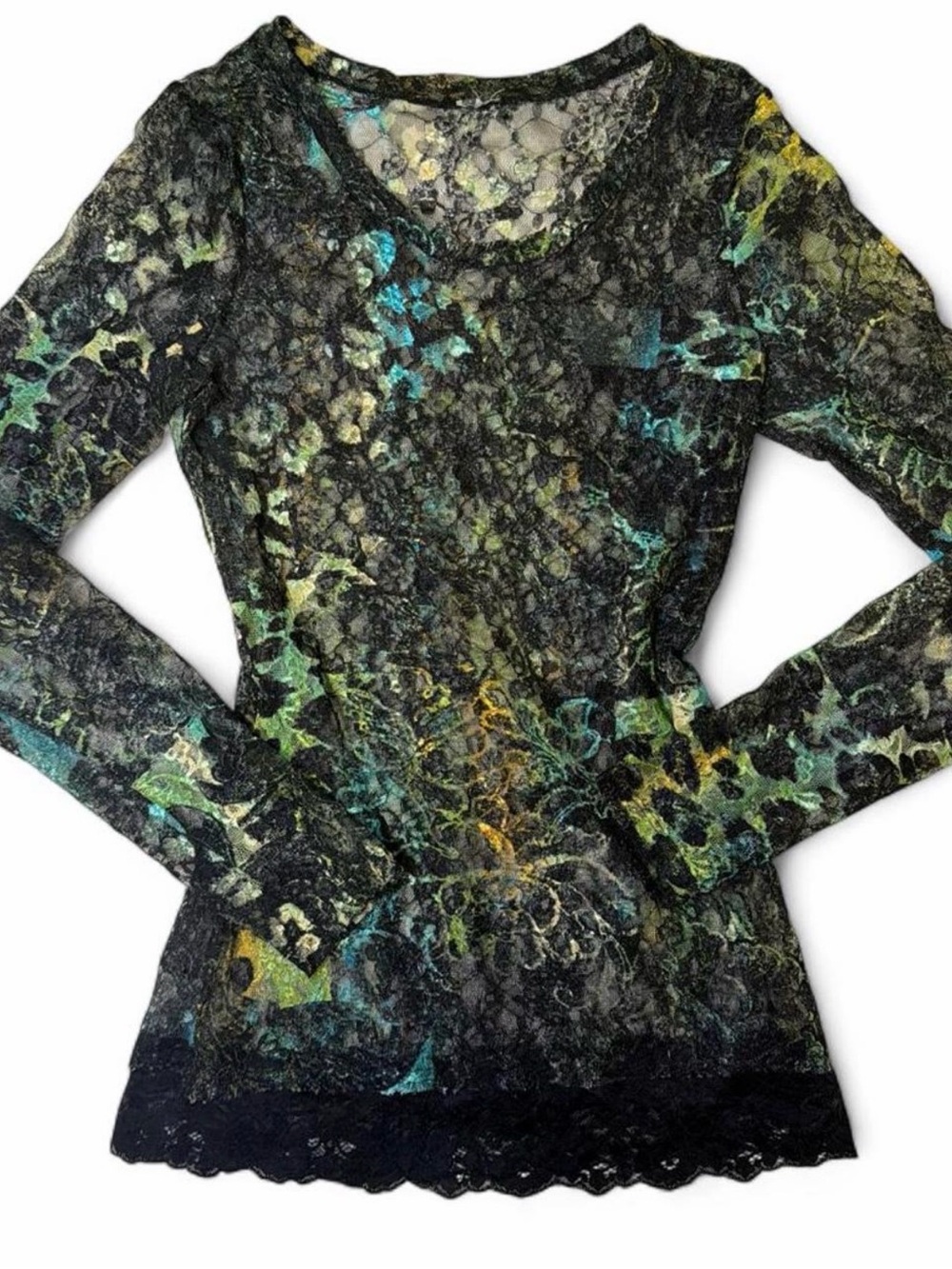 Sheer Lace Long-Sleeve Top in Black Multi